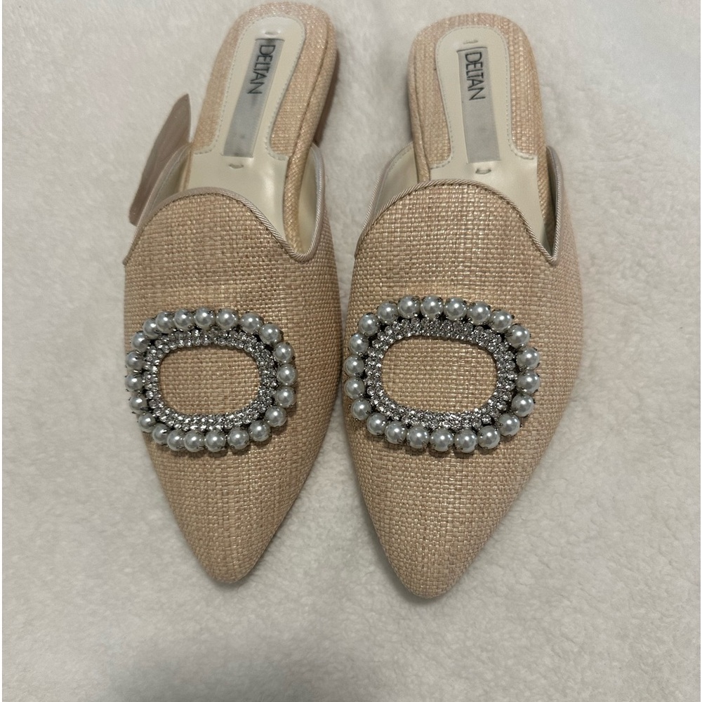 Deltan Pearl, and rhinestone embellished mules